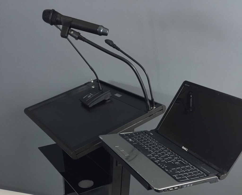 Senator Lectern podium with Lap Top Shelf, Equipment Shelf, Flexible Gooseneck Microphone Holder with Hand Held Microphone and Light & Power Supply